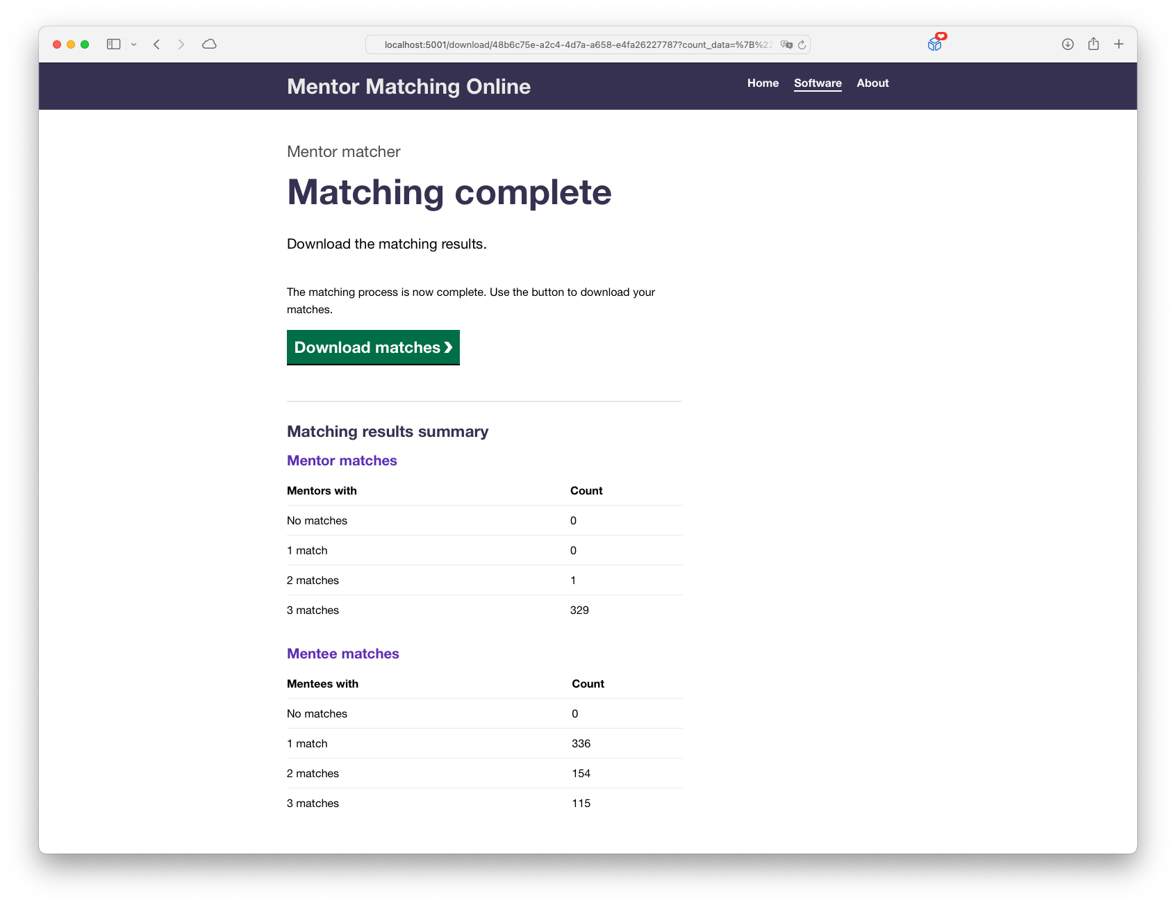 A screenshot of the mentor matching software.